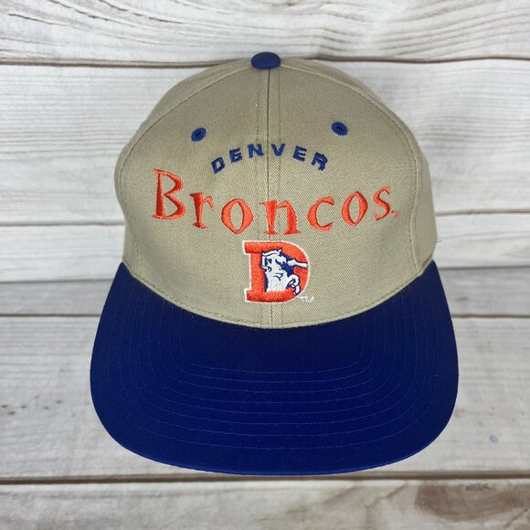 Vintage Drew Pearson Denver Broncos Snapback Hat Khaki Tan Blue Logo DAMAGED - Picture 2 of 8